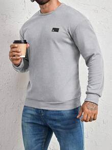Manfinity Homme Loose Fit Men's Letter Patched Detail Sweatshirt, Fall Grey Sweatshirt, Long Sleeve Top - Light Grey - View 4