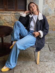 DAZY 女式秋冬羊羔绒拼布休闲宽松牛仔夹克和外套 - 深色水洗藍 - 查看 6