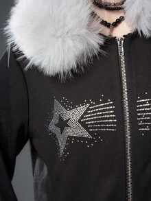 Bloopia韩国街头亚文化休闲时尚个性焕新女装秋冬万圣节新款星星水钻拼接宽松拉链连帽外套 - 黑色 - 查看 10