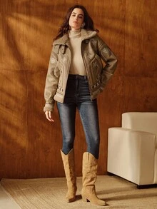 Anewsta 女士时尚刺绣PU复合毛皮夹克，秋冬 - 卡其色 - 查看 9