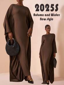 Zivah 2025 Autumn/Winter New Styles For Birthdays, Parties, Banquets, Dates, Back-To-School Season, Preppy Style, Student Wear, Everyday Outings, Basic Versatile, Casual, Cruise Travel, Influencer Style, Street Style, Elegant, Commuter, Business Casual, Parties, Banquets, One-Shoulder Long Sleeves, Batwing Sleeves, Cape Style, Waist Fit, Brown, Autumn/Winter Long Dresses, Women's Dresses - Brown - View 4
