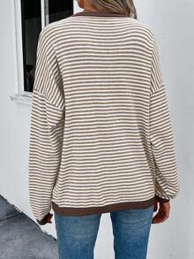 SHEIN LUNE 条纹撞色落肩毛衣 - 卡其色 - 查看 2