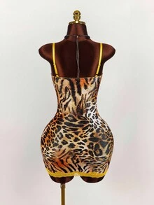 Y2K Amplova Leopard Print Party Yellow Lace Cup Detail Tropical Floral Mesh Bodycon Mini Dress Cheetah Print Outfits Cheetah Print Two Piece Animal Print Set - Multicolor - View 3