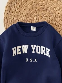 SHEIN 2 件套 Babygirl 宽松休闲字母印花长袖圆领运动衫和运动裤，适合户外和室内穿着 - 藏蓝色 - 查看 5