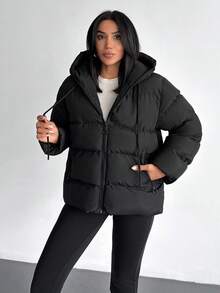 EURMUSE Solid Color, Zip Up, Hooded Winter Coat - Black - View 5