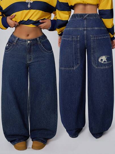 Jeanoix Plus Size Women's Fashion Casual Embroidered Washed Long Pants