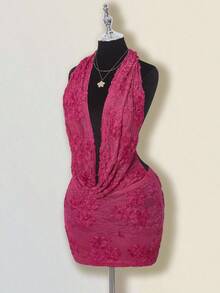 SHEIN ICON Robe moulante mini transparente avec encolure plongeante drapée et dos nu en dentelle 3D pour femmes - Rouge - Voir 3