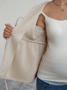 Momance Maternity Regular Jacket, Round Neck Long Sleeve, Front Tie Bow, A-Line Hem Woolen Coat