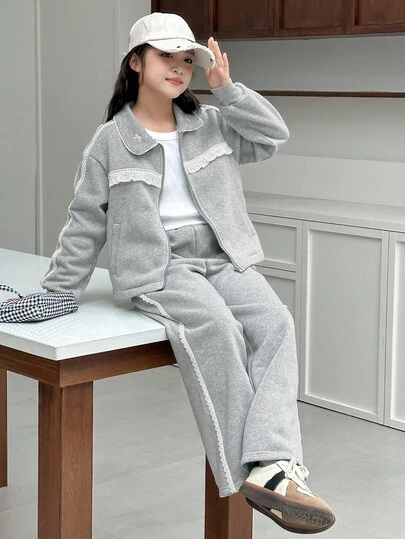 Dazy Kids 女童针织保暖衬里领夹克套装，秋季
