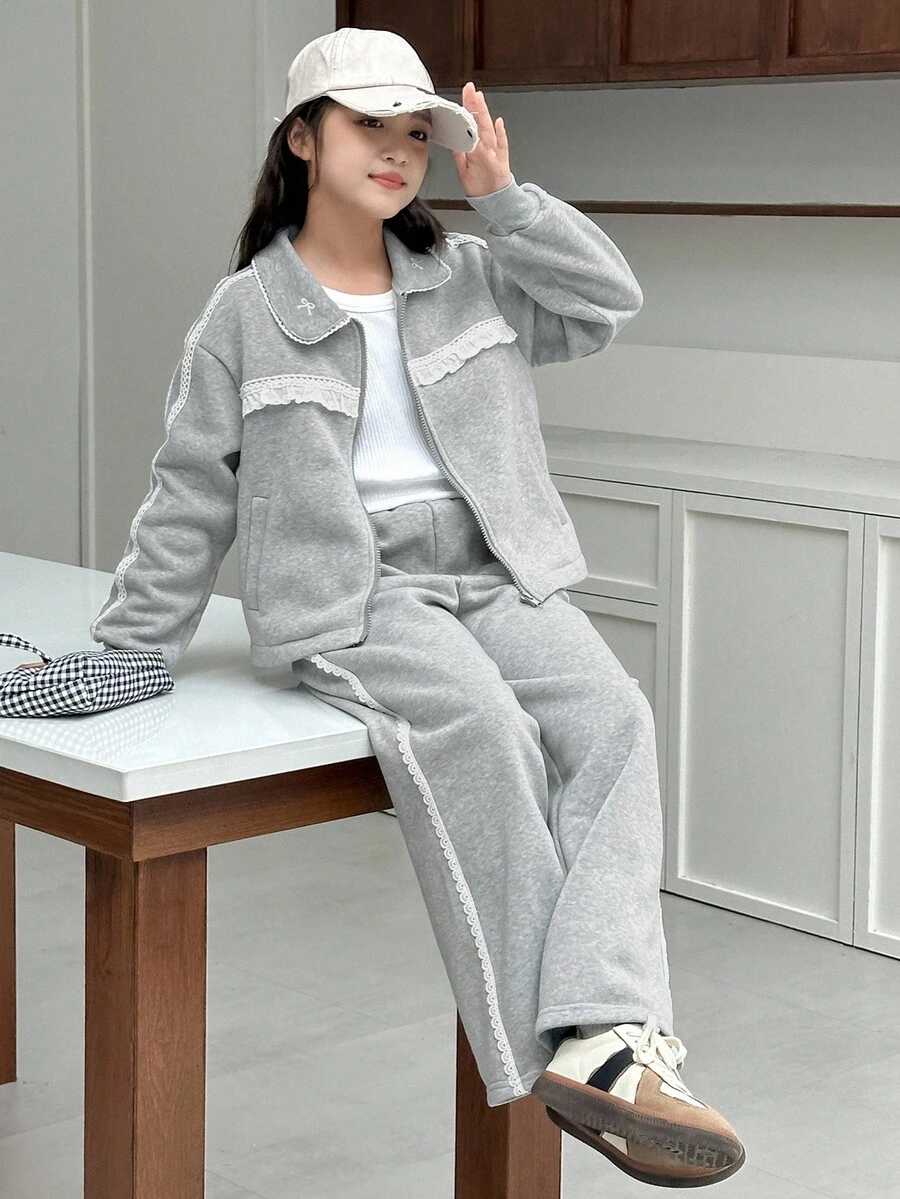 Dazy Kids 女童针织保暖衬里领夹克套装，秋季 - 灰色 - 查看 1