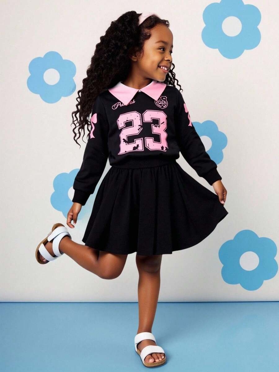 2pcs/Set Girls Vintage School Style Outfit,Light Pink Letter & Bow Print Knit Sweatshirt & Pleated Skirt,Autumn Back-To-School Career Day Sport Set - Black - View 1