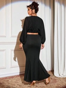 DreamSkyne Plus Size Women Plus Size Puff Sleeve 2 Pieces Set - Black - View 2