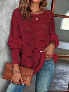 EMERY ROSE Women's Casual Solid Color Round Neck Drop Shoulder Sweater, Autumn/Winter - Burgundy - View 4