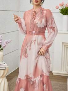 SHEIN Najma Elegant Romantic Floral Collar, Floral Lace Patchwork Hem With Wide Ruffle Trim, Women Loose Fashionable Young Romantic Vacation Style Dress Luxury Dress For Women Pink Chiffon Dress - Multicolor - View 7