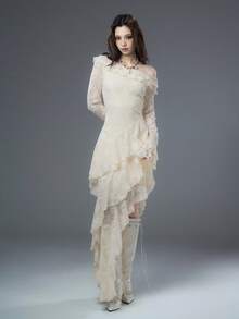 Bloopia波西米亚风优雅浪漫收腰显瘦女装秋冬万圣节精致提花不对称下摆露肩长袖连衣裙 - 杏色 - 查看 6