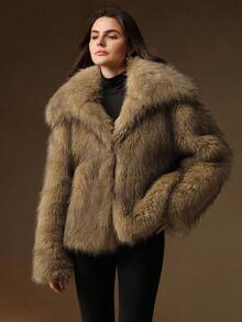 Anewsta 秋冬新款百搭芥末黄宽松翻领长袖毛茸茸外套