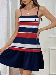 INAWLY 条纹航海风格时尚短款吊带连衣裙