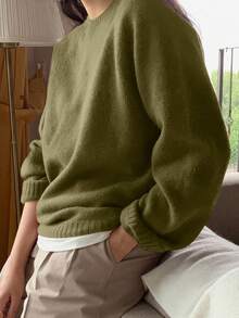 DAZY 女士休闲日常纯色保暖常规针织毛衣，秋冬，秋季女装 - 軍綠色 - 查看 2