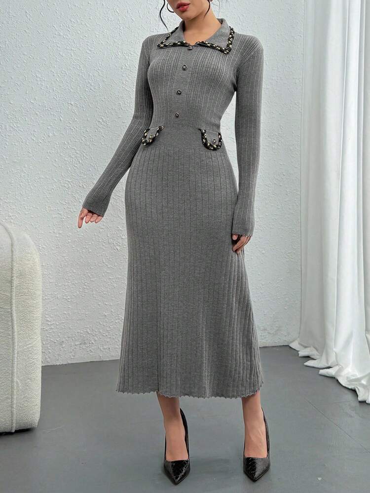 Women's Collared Color Block Trim Fitted Long Casual Dress, Elegant City Style Fall/Winter Sweater Dress