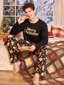 CoupledUp Conjunto de Pijama Confortável de Casal com Estampa de Biscoito de Gengibre e Doces Coloridos, Gola Careca, para Homens - Preto - Visão 3
