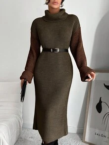 EURMUSE Women's Autumn/Winter Fashion Color Block High Neck Knit Dress - Dark Green - View 3