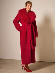 COSMINA 女士休闲纯色加厚保暖长袖仿皮草夹克，秋冬 - 紅色 - 查看 3