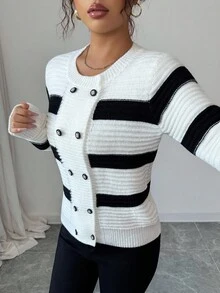 Elenzga Cardigan tricotat cu mânecă lungă pentru femei, cu design clasic cu dungi, la modă, versatil, pentru naveta zilnică, cu nasturi, guler rotund, elegant și grațios, toamnă/iarnă - Alb-negru - Vizualizare 1