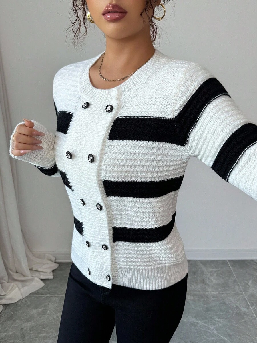 Elenzga Cardigan tricotat cu mânecă lungă pentru femei, cu design clasic cu dungi, la modă, versatil, pentru naveta zilnică, cu nasturi, guler rotund, elegant și grațios, toamnă/iarnă - Alb-negru - Vizualizare 1