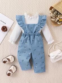 SHEIN 两件套女婴荷叶边领罗纹长袖白色高领打底衫和碎花灯芯绒连体裤套装，优雅休闲百搭，秋冬季女婴服装，秋冬季婴儿灯芯绒套装，复古婴儿套装，女婴背带裤套装，女婴小碎花灯芯绒背带裤，女婴秋季 - 彩色 - 查看 3