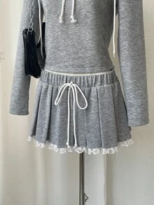 Comfortcana Set de top con capucha con decoración de lazo y falda plisada para mujer, 2 piezas - Gris - Ver 4