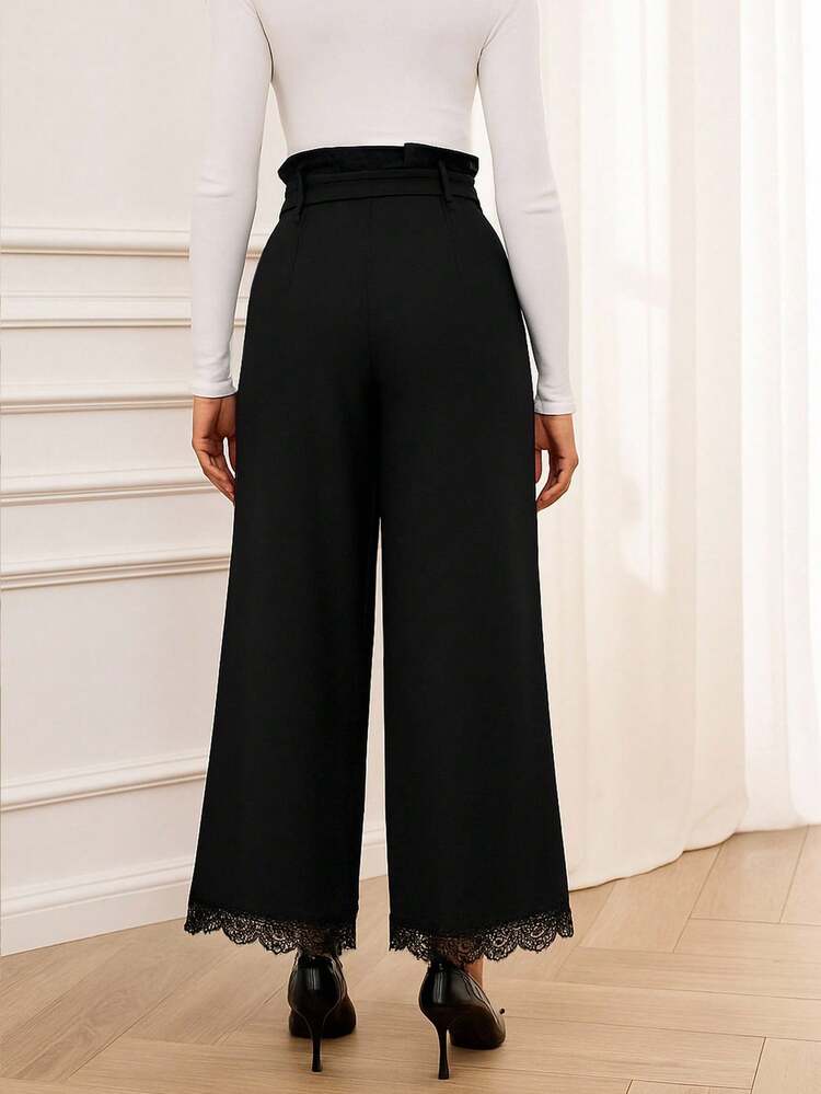 Autumn And Winter Women's Elegant Trousers, Lotus Leaf Waist With Metal Buckle Belt Design, Lace Hem Splicing Design Elements, Women's Versatile Black Trousers Wide-Leg Trousers, Fashionable Women's Trousers, Elegant Trousers For Going Out,Women's Fall Pants,Chic Women's Pants, Zip-Up Pants,Lack Pants