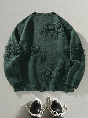 Manfinity EMRG Casual Loose Fit Crew Neck Long Sleeve Pullover Sweater For Men, Fall Winter