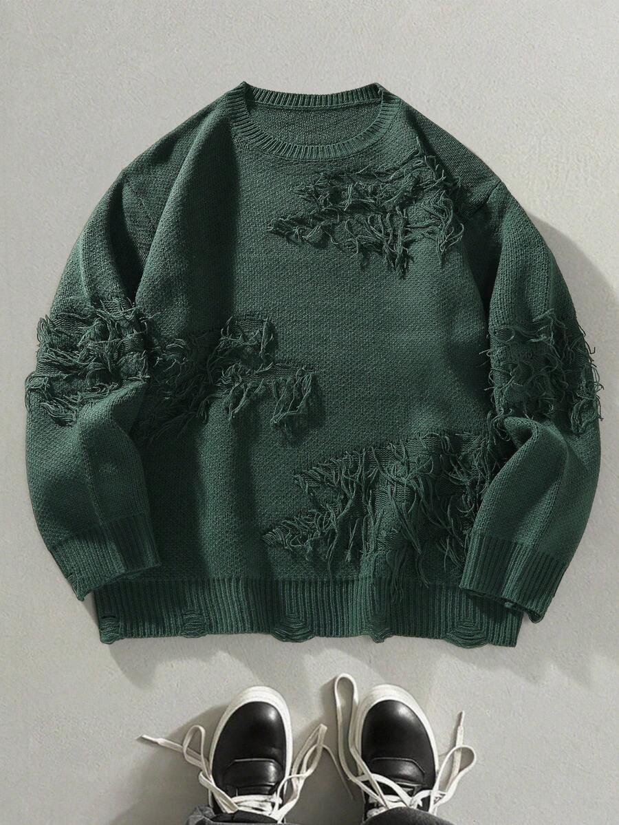 Manfinity EMRG 男士休闲宽松圆领长袖套头衫，秋冬 - 軍綠色 - 查看 1