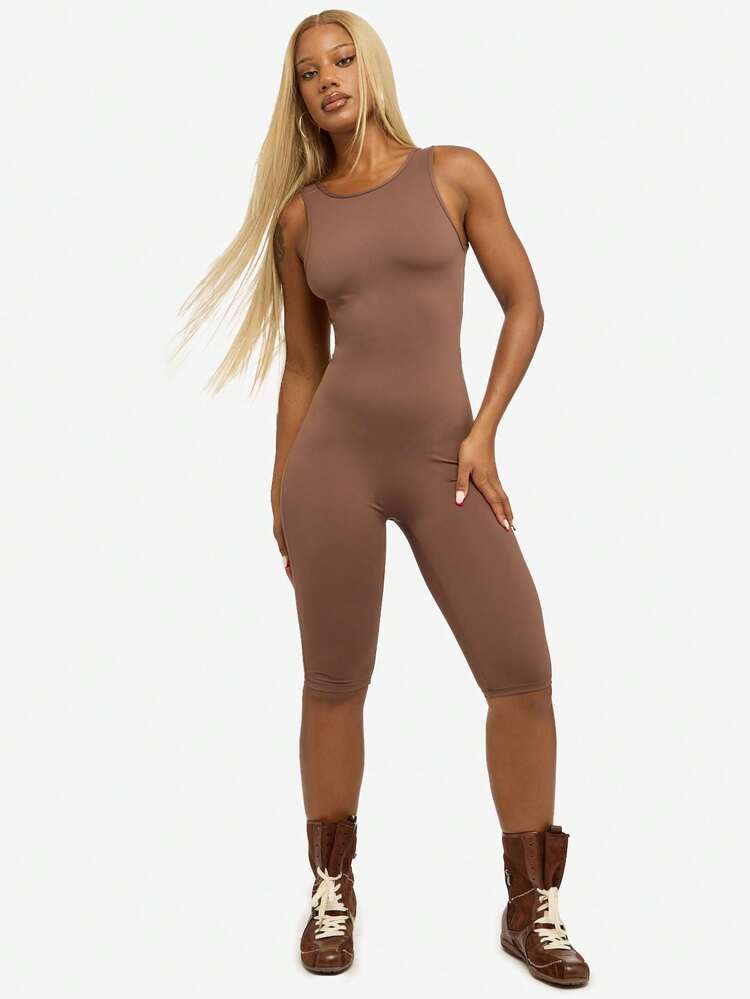 SUMWON WOMEN カプリ丈ノースリーブ ユニタード モダンボディスーツ ワンピースジャンプスーツ フィットフォーミング ストレッチ バレエ パフォーマンス イブニングウェア