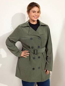 Momelise 大码女式束腰中长款风衣，户外秋冬夹克 - 軍綠色 - 查看 6