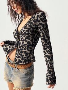 Bohemela Pull tricoté décontracté à col V, manches longues et coupe près du corps, imprimé léopard pour femme