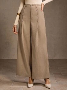 MOTF PREMIUM 女式卡其裤，独特设计，纽扣开合，高腰修身阔腿裤 - 卡其色 - 查看 7