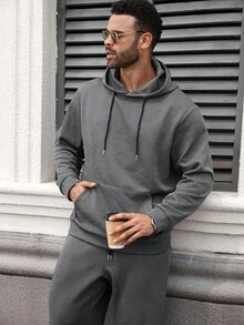 Manfinity CasualCool Conjunto casual de moletom com capuz e manga comprida masculino plus size, com bolsos e cordão na cintura, roupas de outono - Cinza - Ver 4