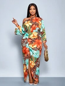 SOLERSUN 大码女式秋冬时尚优雅长袖斜肩露肩前高叉腰长裙，多色花朵豹纹印花，适合度假、工作、婚礼、节日、夏季（图案随机） - 橘色 - 查看 7