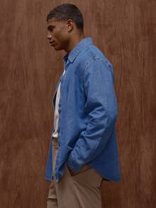 Musero Men Oversized Long Sleeve Button Through Denim Shirt , Fall/Spring Summer - Blue - View 4