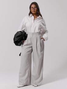 MUSERA 宽松慵懒低腰褶皱长裤，优雅可爱性感街头风，适合夜间外出穿着，曲线优美 - 灰色 - 查看 1