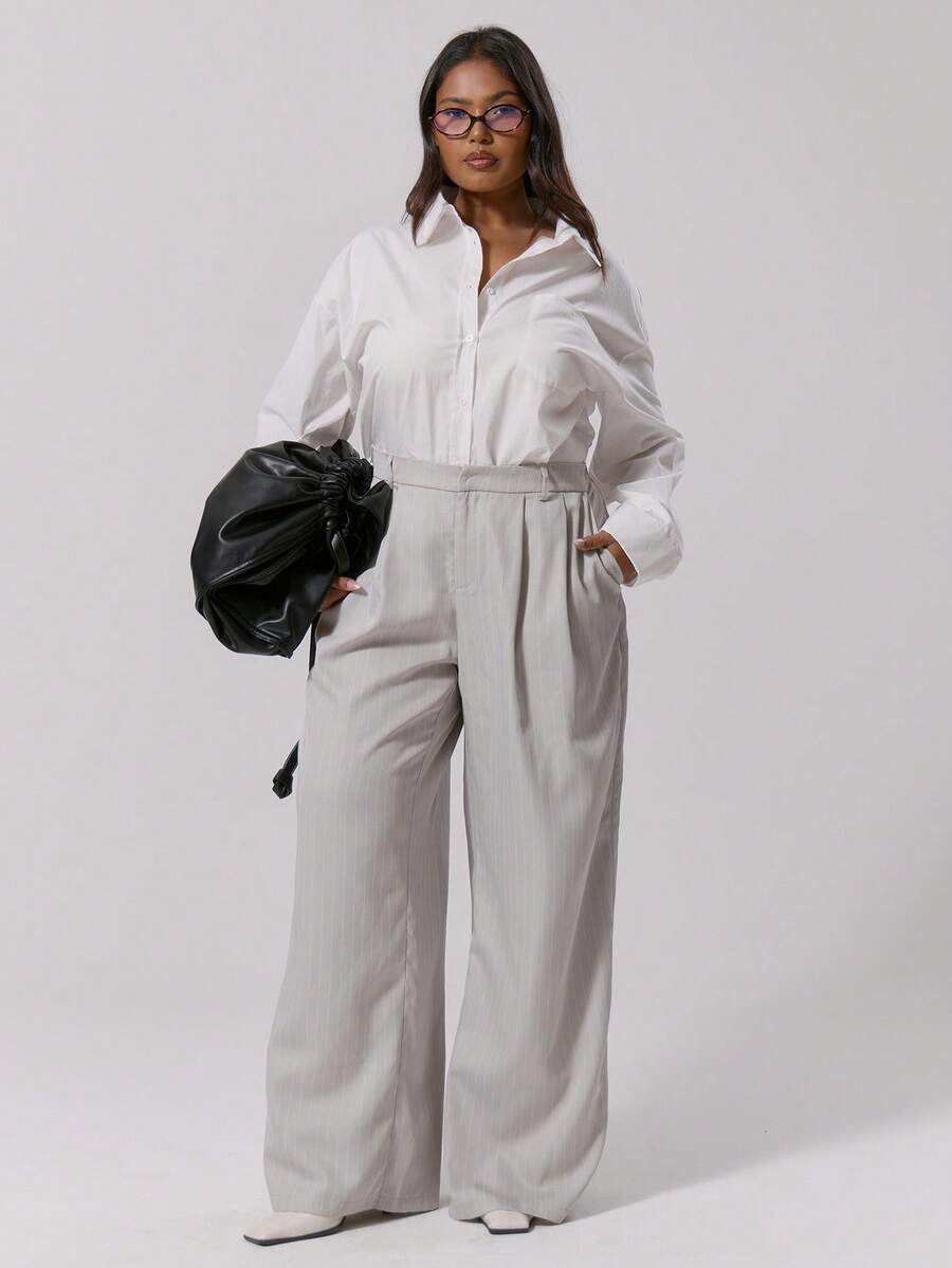 MUSERA 宽松慵懒低腰褶皱长裤，优雅可爱性感街头风，适合夜间外出穿着，曲线优美 - 灰色 - 查看 1