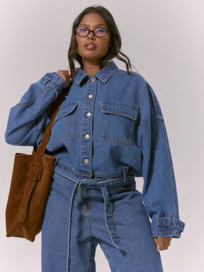 MUSERA Plus Size Belted Button Down Pocket Detail Denim Shirt Top Only Cute Sexy Streetwear Fall Autumn Night Out Curve Autumn Winter Fall