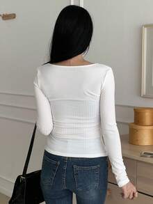 DAZY Áo thun dài tay trơn màu thường ngày dành cho nữ, đa năng cho mùa thu - trắng - Xem 5