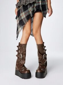 ROMWE Grunge Punk Bốt cao đến bắp chân, đế dày, mũi tròn màu nâu, phong cách Punk, thiết kế khóa cài hình dơi, thời trang ngoài trời, mùa Halloween, thu/đông 2025 - màu nâu - Xem 2