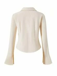 Teen Girl Casual Versatile Minimalist Shirt, With Black Knight Graphic On Chest And Curved Hem, Suitable For Outings, Shopping, School, Commuting, Can Be Paired With Jackets, Coats, Pants Fall Winter - Apricot - View 5
