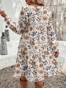 EMERY ROSE 女士优雅植物图案宽松连衣裙，喇叭形荷叶边下摆，圆领长袖，及膝长度，打造波西米亚风休闲造型 - 彩色 - 查看 2