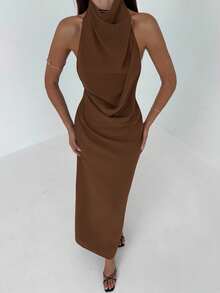 Aloruh New Sexy Backless Sleeveless Off-Shoulder Ruched Decor Slimming Concealed Belly Long Cocktail Party Music Festival Versatile Relaxed Fit Vintage Eggplant Purple Flowy Dress,Dresses For Women Party