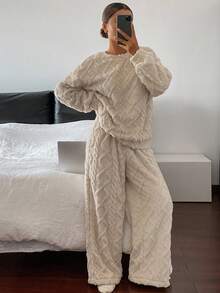 DAZY 女士加厚抓绒宽松蓬松睡衣套装，秋冬服装，舒适保暖 - 卡其色 - 查看 6