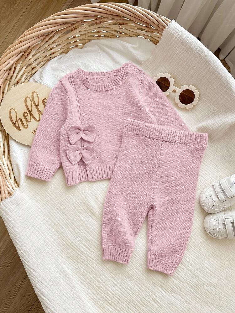 SHEIN 新生児女の子 かわいい 秋冬カジュアル ピンクリボンセーター&ウエスト伸縮パンツ 2点セット - ベビーピンク - 見る 4